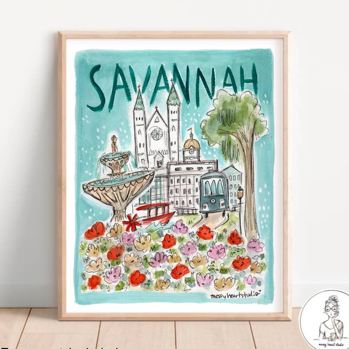 Savannah, Georgien - Landemærkekollage. Kunsttryk for engroshandel hos Messy Heart Studio