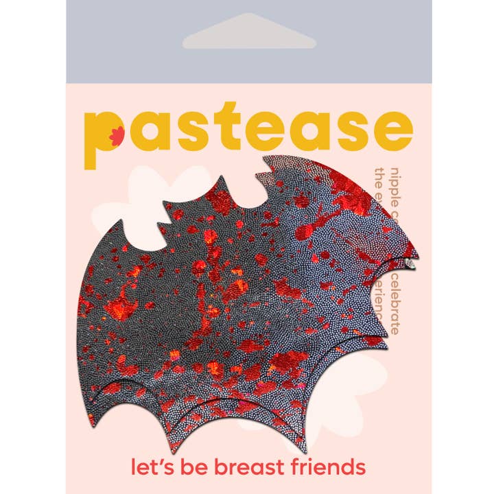 Pastease® - Wholesale Nipple Pasties - Women's - Splatter Holographic Glitter Silver & Red Bat Nipple Pasties