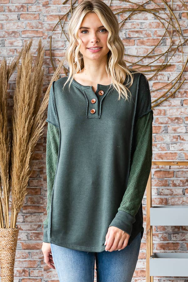 7th Ray - Vente Haut en maille – femme - Haut à manches longues en mélange de coton avec contraste en dentelle et boutons devant T52530