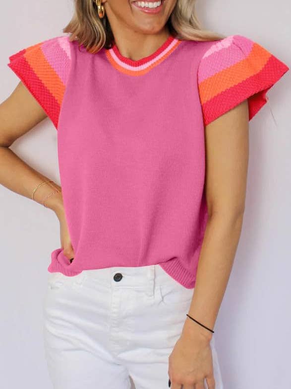 Lovesoft - Wholesale Knit Sweater - Women's - Crew Neck Knitted Top Contrasting Color Sweet Short-sleeved Sweater