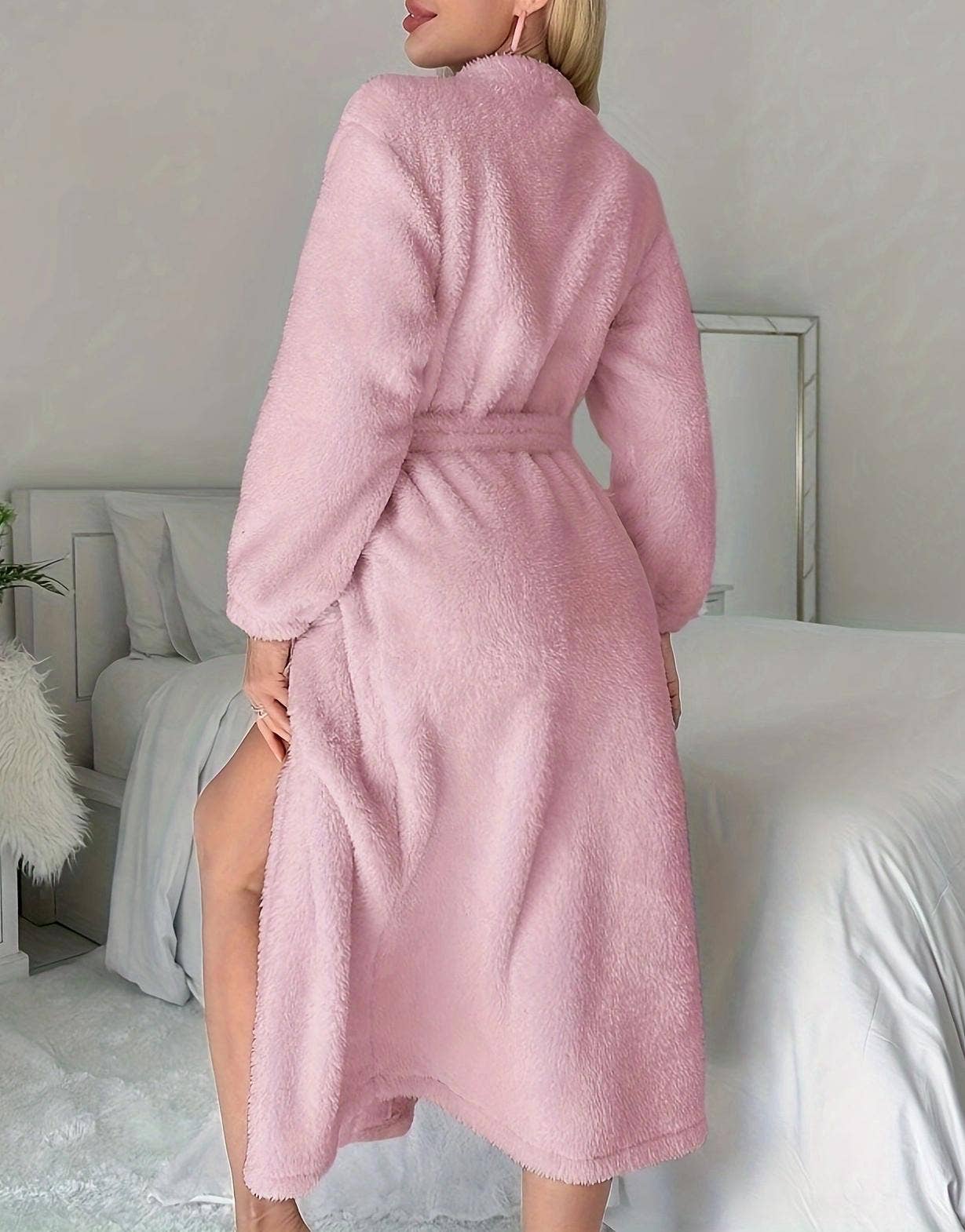 HIDDENBRAND - Wholesale Robe - Women's - Heart teddy fleece  loungewear flannel bathrobe4