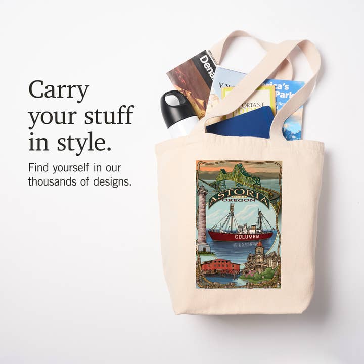 Lantern Press - Wholesale Tote Bag - Unisex - ORGANIC TOTE BAG Astoria, Oregon, Montage