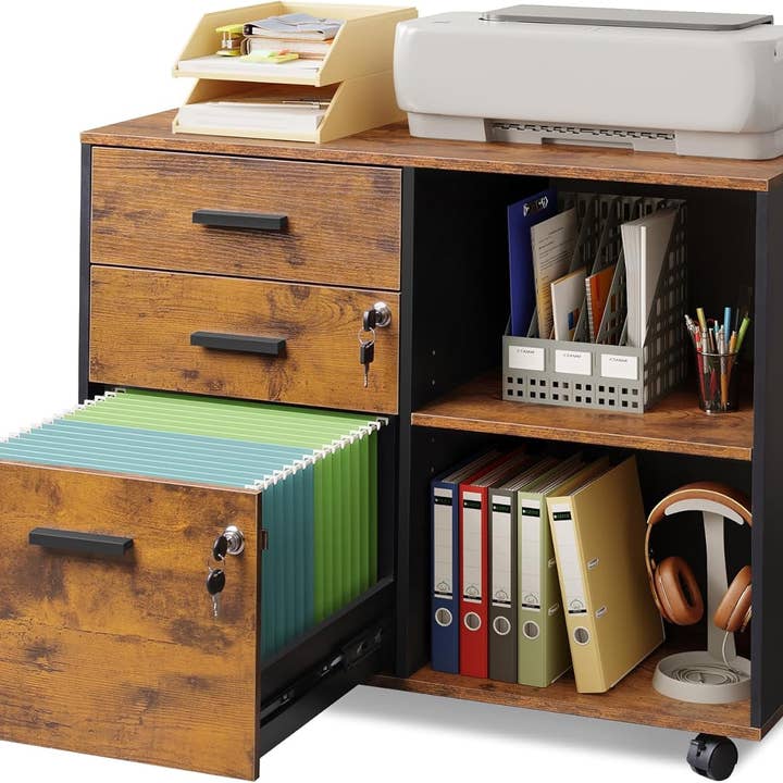 3-Drawer Wood File Cabinet with Lock, Mobile Lateral Filing Cabinet, Printer Stand with Open Storage Shelves for Home Office, Rustic Brown for wholesale on Faire