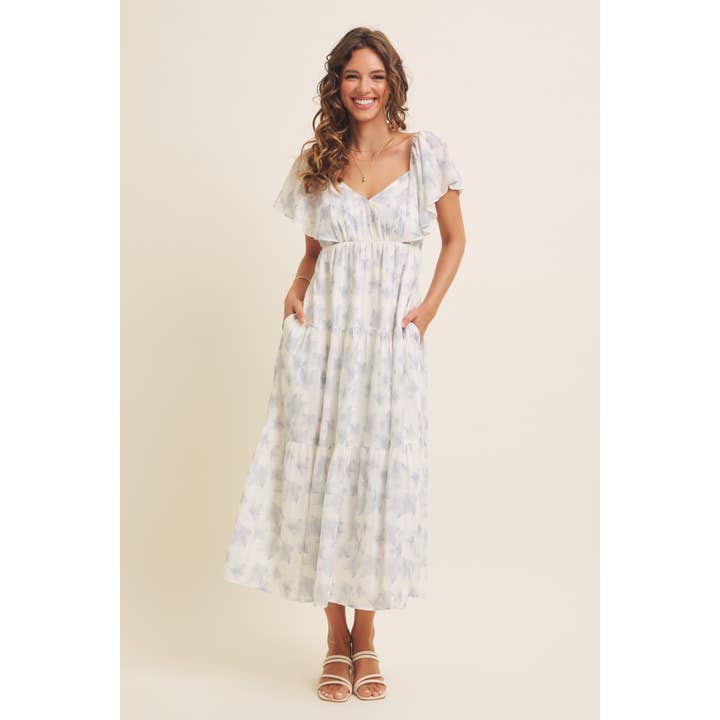 in february - Wholesale Dress - Women's - ROMANTIC FLORAL SHEER MIDI DRESS WITH FLUTTER SLEEVES