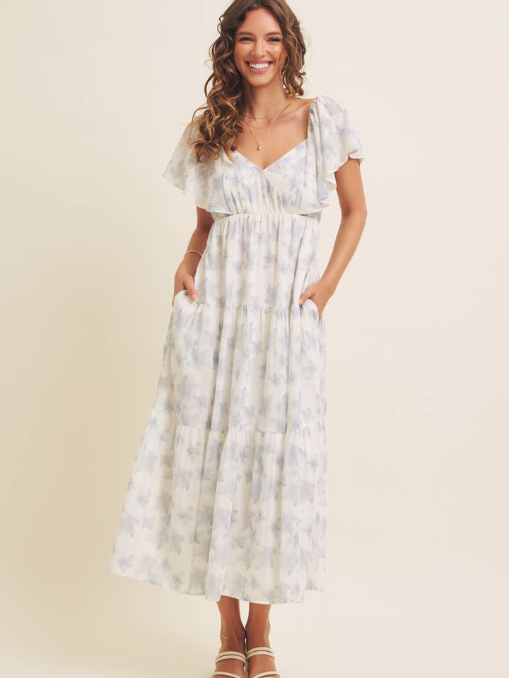 Romantisk blomsteret gennemsigtig midikjole med flagrende ærmer for engroshandel hos in february