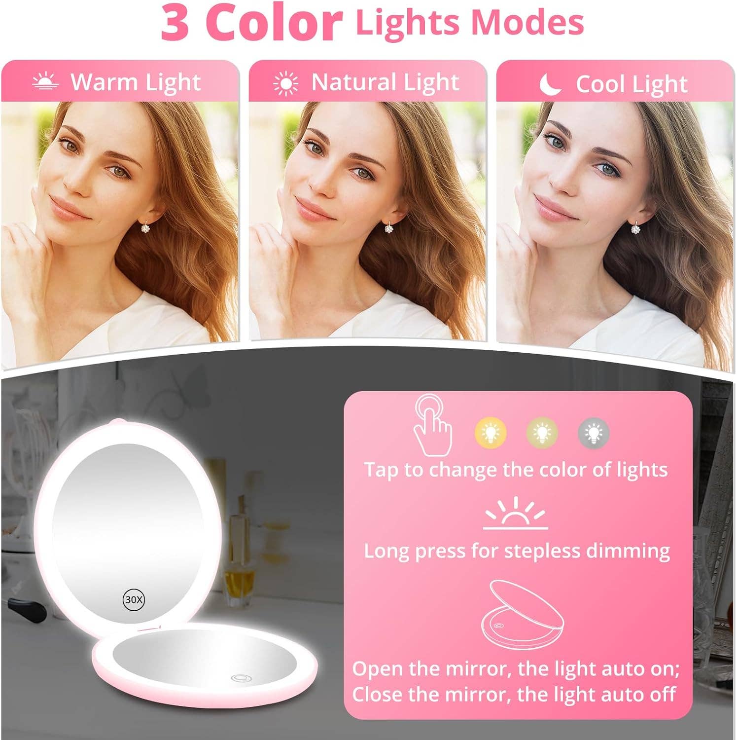  Pack Mix Match Colors  Led Lighted Folding Small Mirror with 3 Color Light for wholesale on Faire3