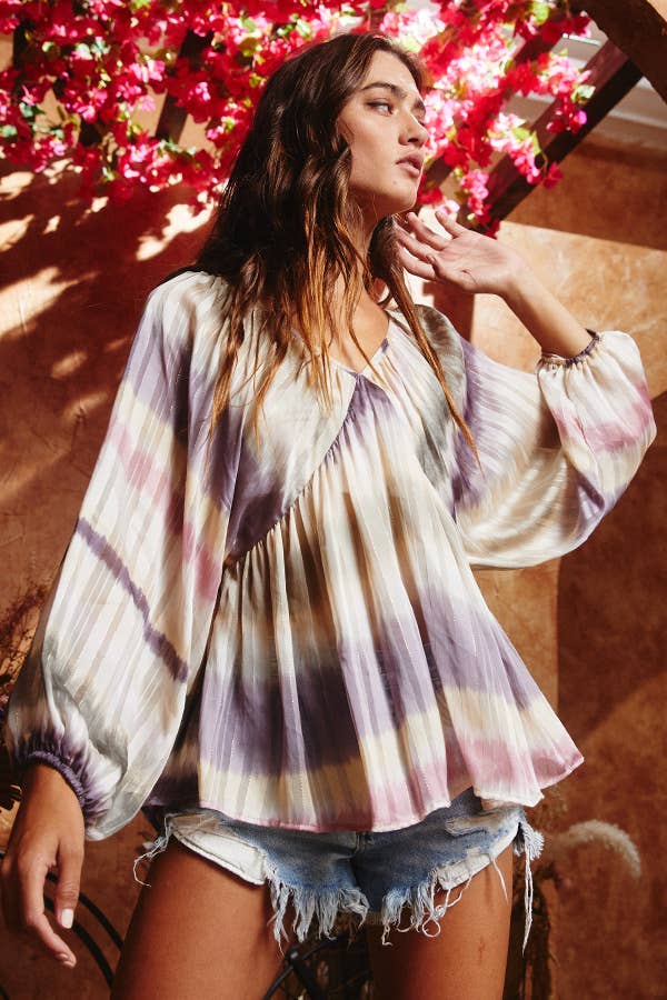 BLUSH CAMEL T1190-1C OUTLET SALE Ombre Lurex Chiffon Babydoll Blouse Top for wholesale on Faire3