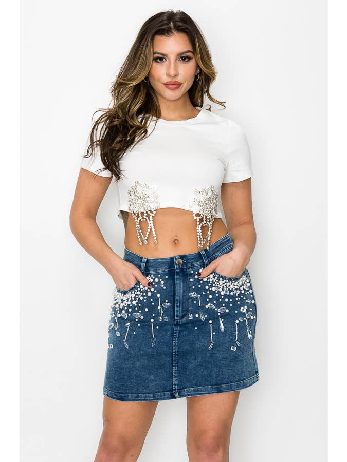 SALT – Engroshandel Nederdel - Dame – (SK1947) Denimnederdele med perler og krystaller i 3 farver3