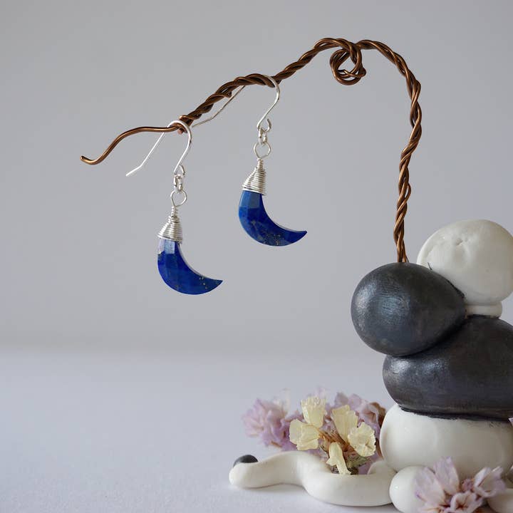 Lapis Lazuli Crescent Moon Earrings December Holiday Crystal for wholesale by Raw Stone Elegance