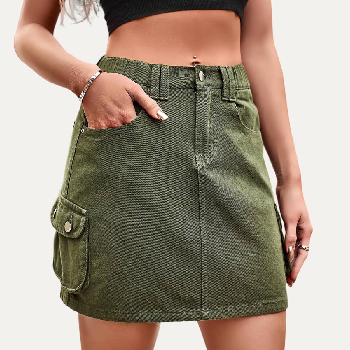 The Moment Collection - Wholesale Skirt - Women's - Trendy Olive High Waisted Denim Mini Skirt1