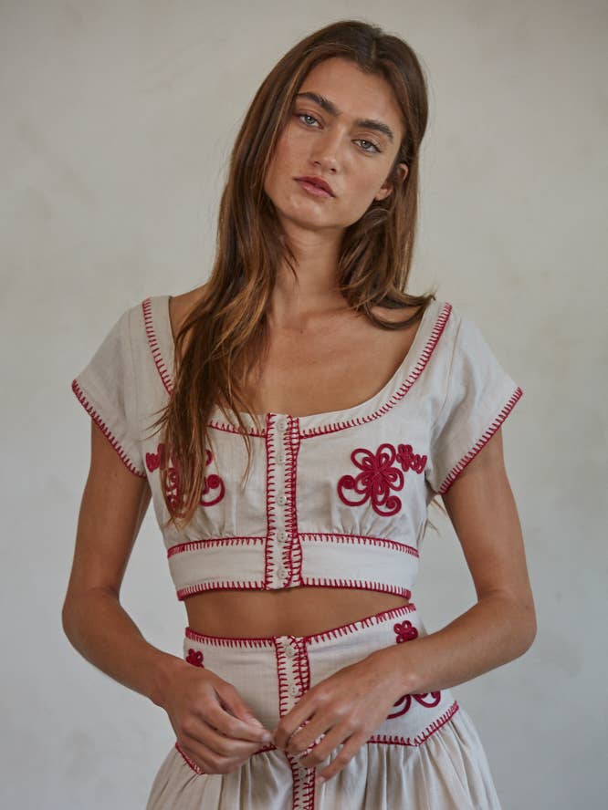 L8255 | Woven Cotton Embroidered Detail Button Down Crop Top for wholesale by By Together