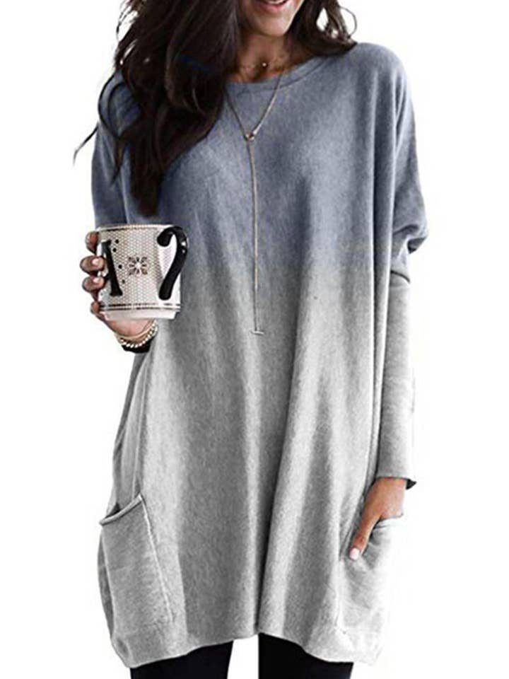 Lovenne - Wholesale Tunic - Women's - Gradient Color Long Sleeve Casual Pocket T-Shirt Top8