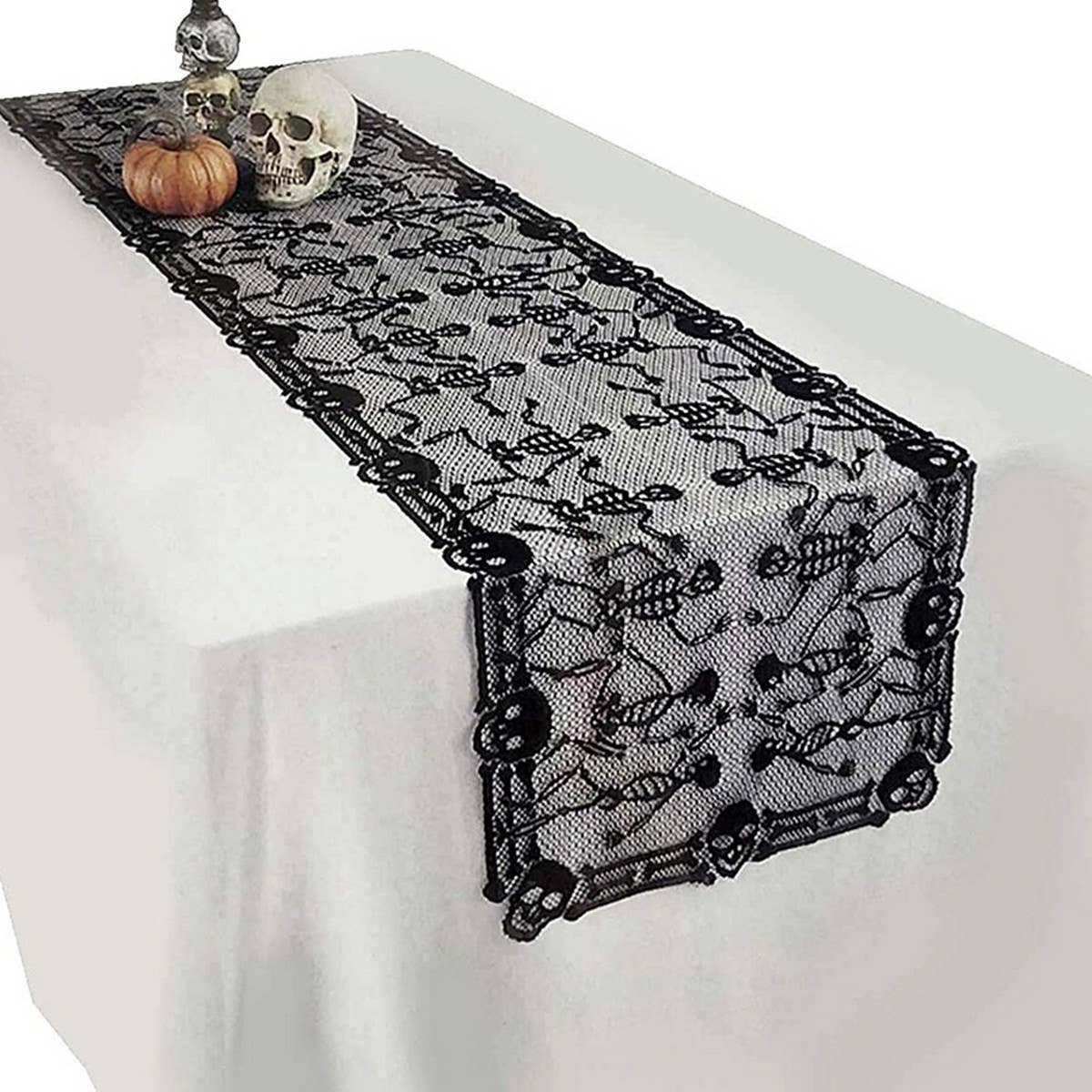 Black HALLOWEEN TABLE RUNNER LACE SKULL TABLE RUNNER_CWMM1729 for wholesale on Faire