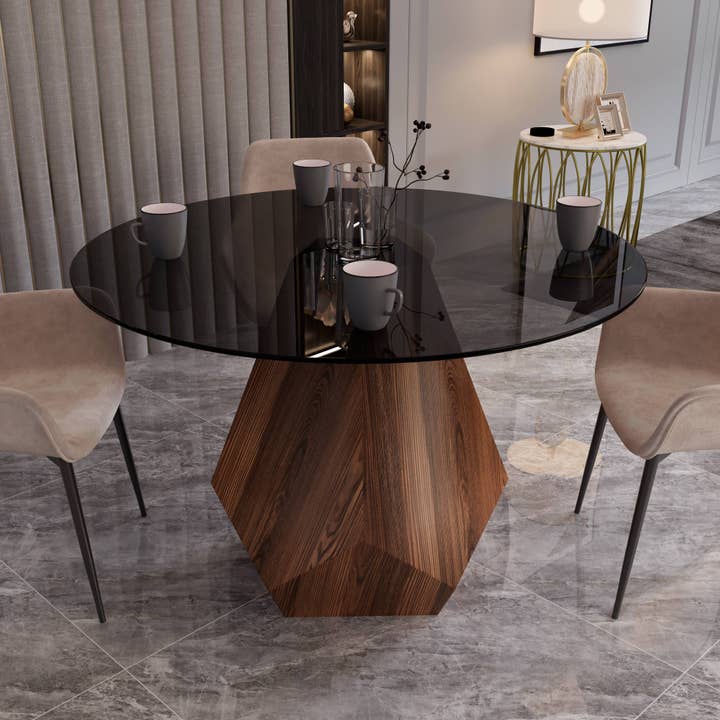 Nebo Modern Round Glass Top and Geometric Base Dining Table for wholesale by LeisureMod