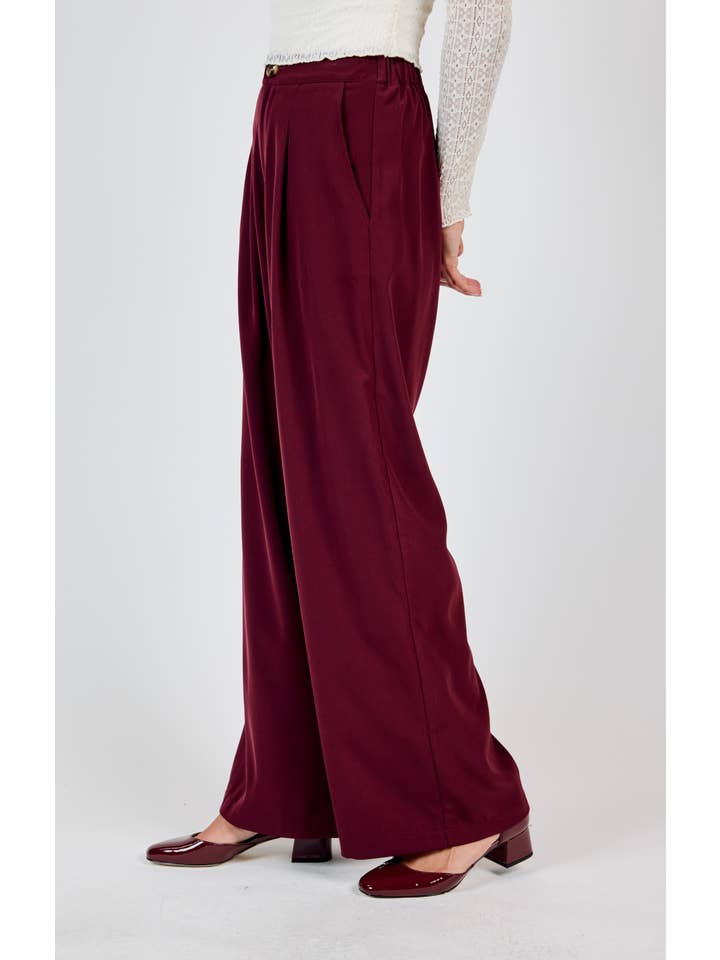Sadie & Sage - Wholesale Pants - Women's - Silent Streets Wide Leg Pleated Pants: WINE