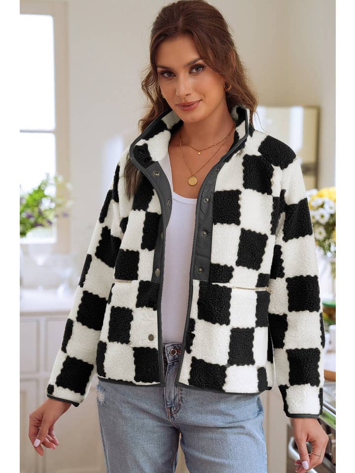 1 the Woman - Wholesale Jacket - Women's - Checked Snap Button Sherpa Jacket