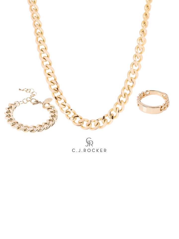 Conjunto de pacotes - Colar de corrente cubana dourada, pulseira+anel por atacado de C.J.ROCKER
