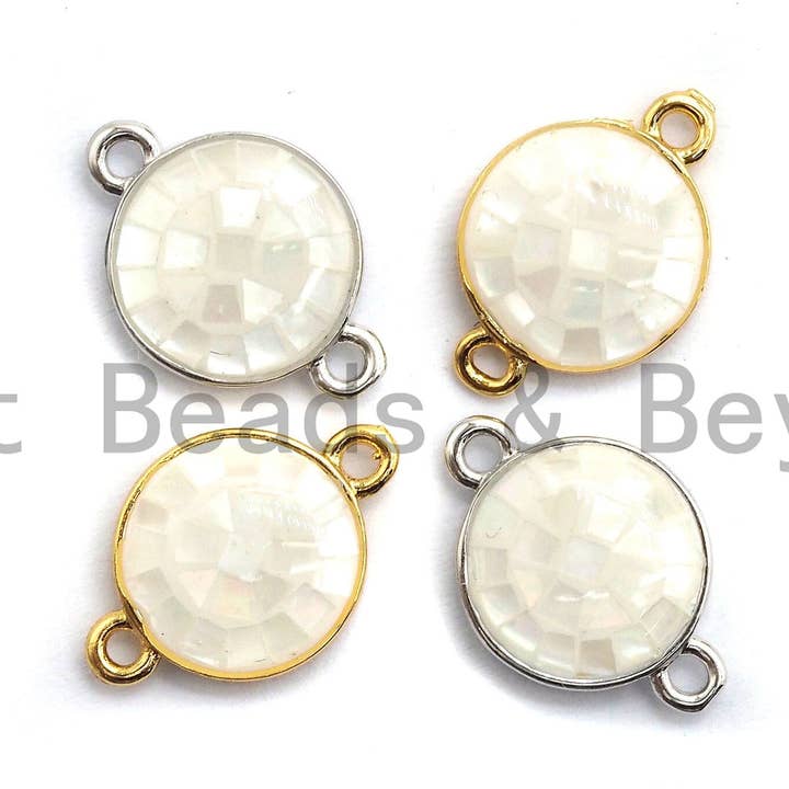 Connecteur rond en nacre blanche 100% naturelle avec finition or/argent, connecteur de coque en nacre blanche, 10x15 mm, SKU #Z279 pour la vente par BestBeads&Beyond