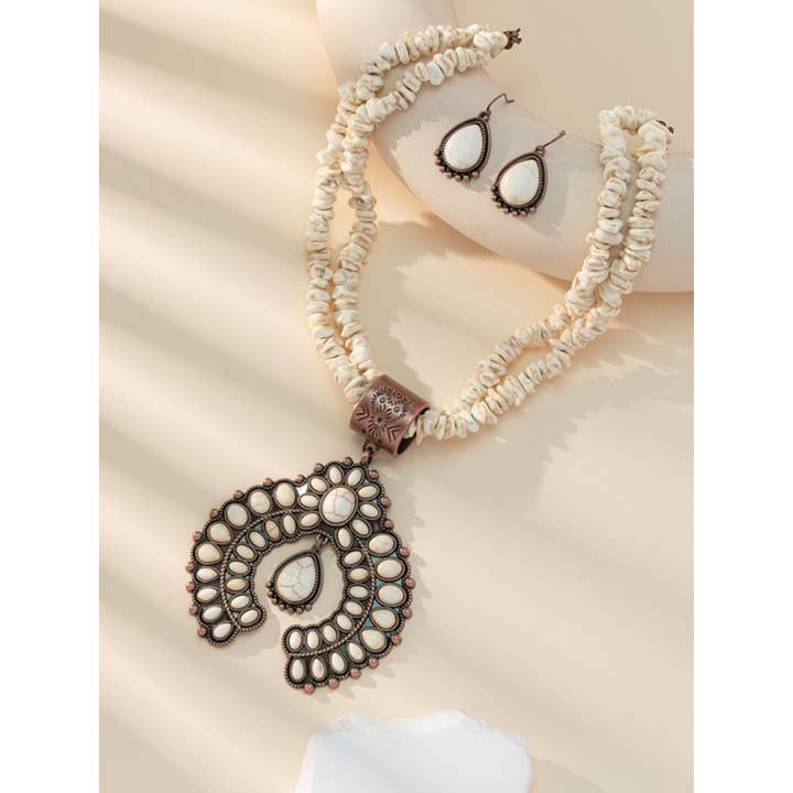 Wholesalesir - Wholesale Jewelry Set - Round Flower Turquoise Pendant Alloy Earring Necklace2