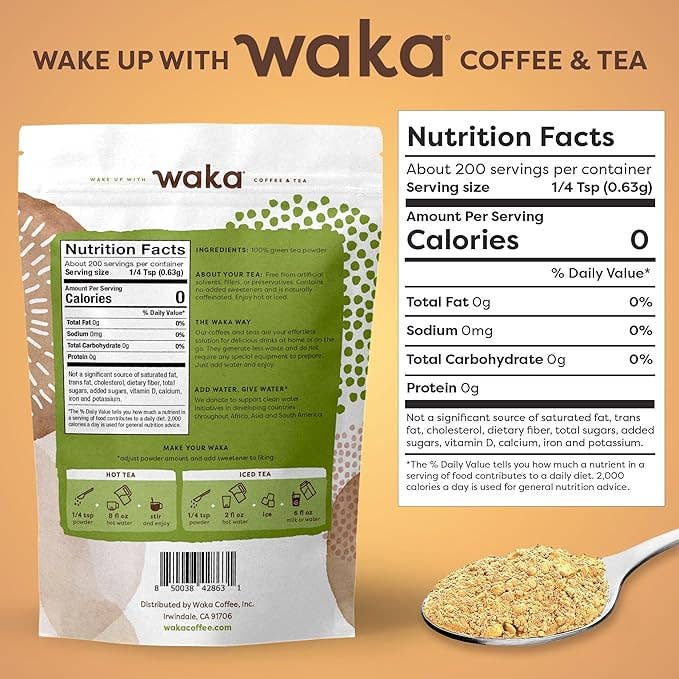 Waka Coffee & Tea - Wholesale Iced Tea - Classic Green Unsweetened Instant Tea Powder 4.5 oz Bag
1