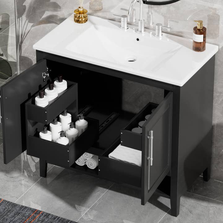 Orange County Decor - Wholesale Cabinet - 36" Bathroom Vanity With Sink, Multi Functional Bathroom Cabinet With Doors And Drawers, Mdf Frame And Mdf Board, Black Black Solid Wood Mdf18