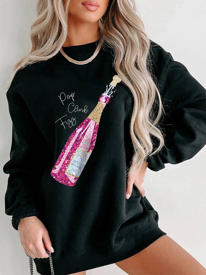 Black New Year Champagne Print Pullover Sweatshirt for wholesale on Faire0