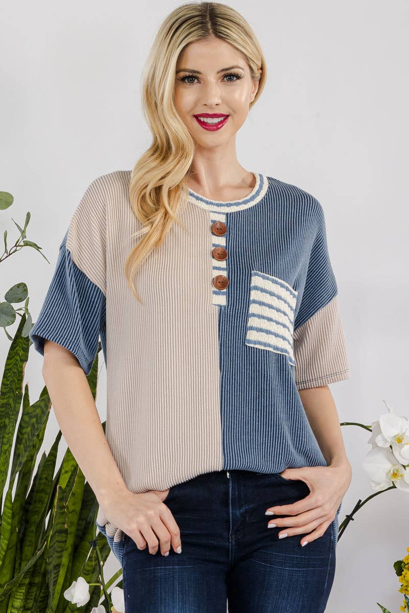 Celeste Clothing - Wholesale Tunic - Women's - URBAN RIB COLOR CONTRAST T-SHIRT WITH POCKET -CT43877A7