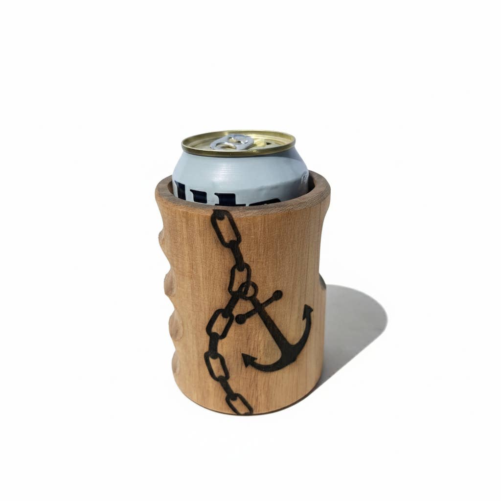 Beer Drinking Accessories - Wholesale Drink Huggers & Koozies - Beer Koozie - Hand Carved Wood - Anchor and Chain Engraving