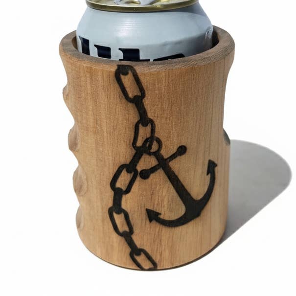 Beer Koozie - Hand Carved Wood - Anchor and Chain Engraving for wholesale by Beer Drinking Accessories