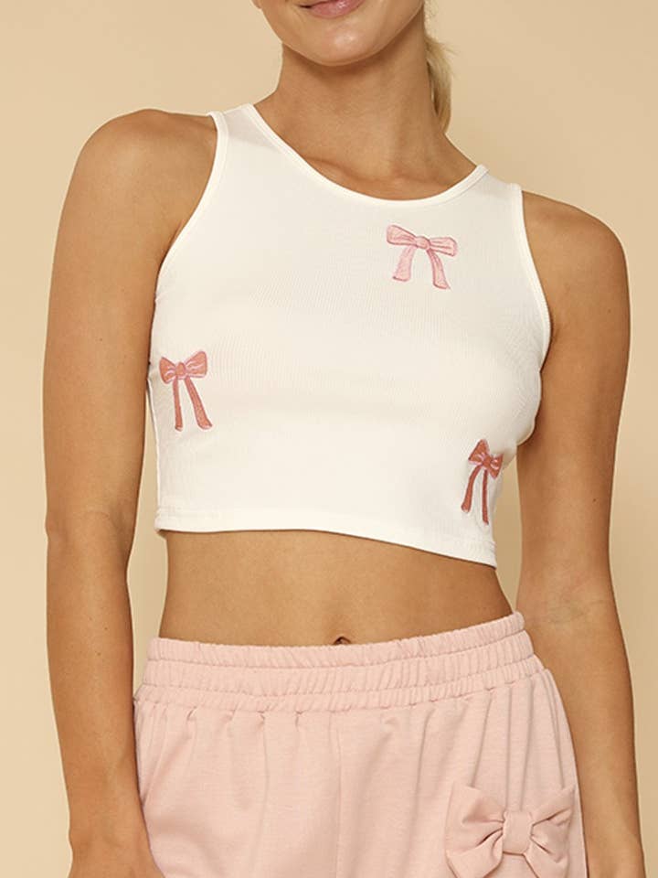 Ribbed knit bow embroidered tank for wholesale by Miss Sparkling