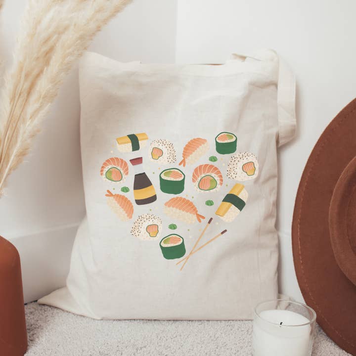 Tilda&Theo - Venta al por mayor Bolsa grande - Unisex - Bolsa de tela Sushi Heart Nigiri - bolsa de yute de regalo para sushi