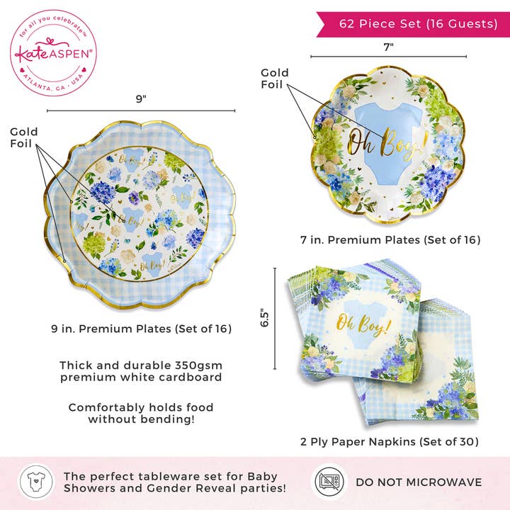 Kate Aspen - Wholesale Disposable Tableware Pack - Baby Shower Onesie Floral Tableware Set - Blue