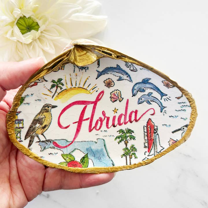 Adori Designs - Wholesale Jewelry Dish - Florida State Decoupage Clam Shell Trinket Dish