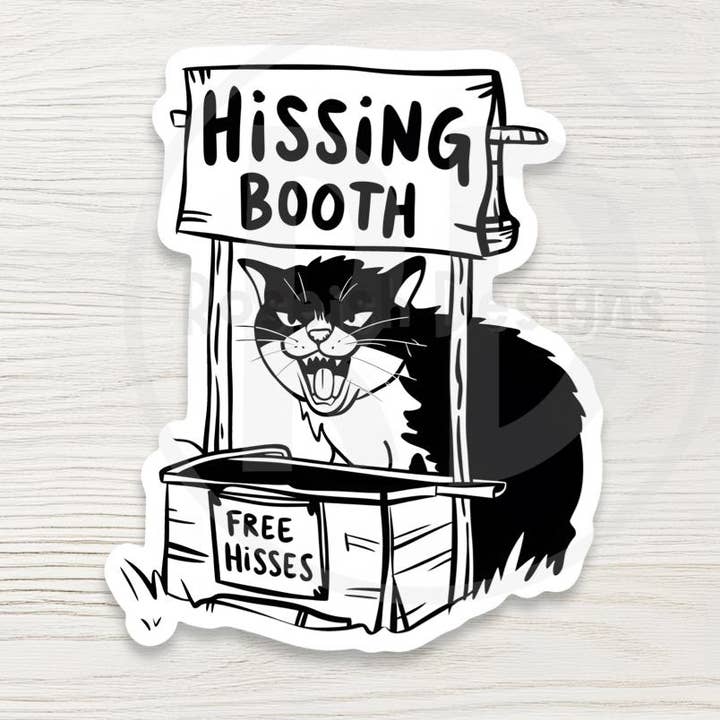 Hissing Booth Cat Vinyl Water Bottle Sticker: Funny Angry Cat for wholesale by Roseish Designs