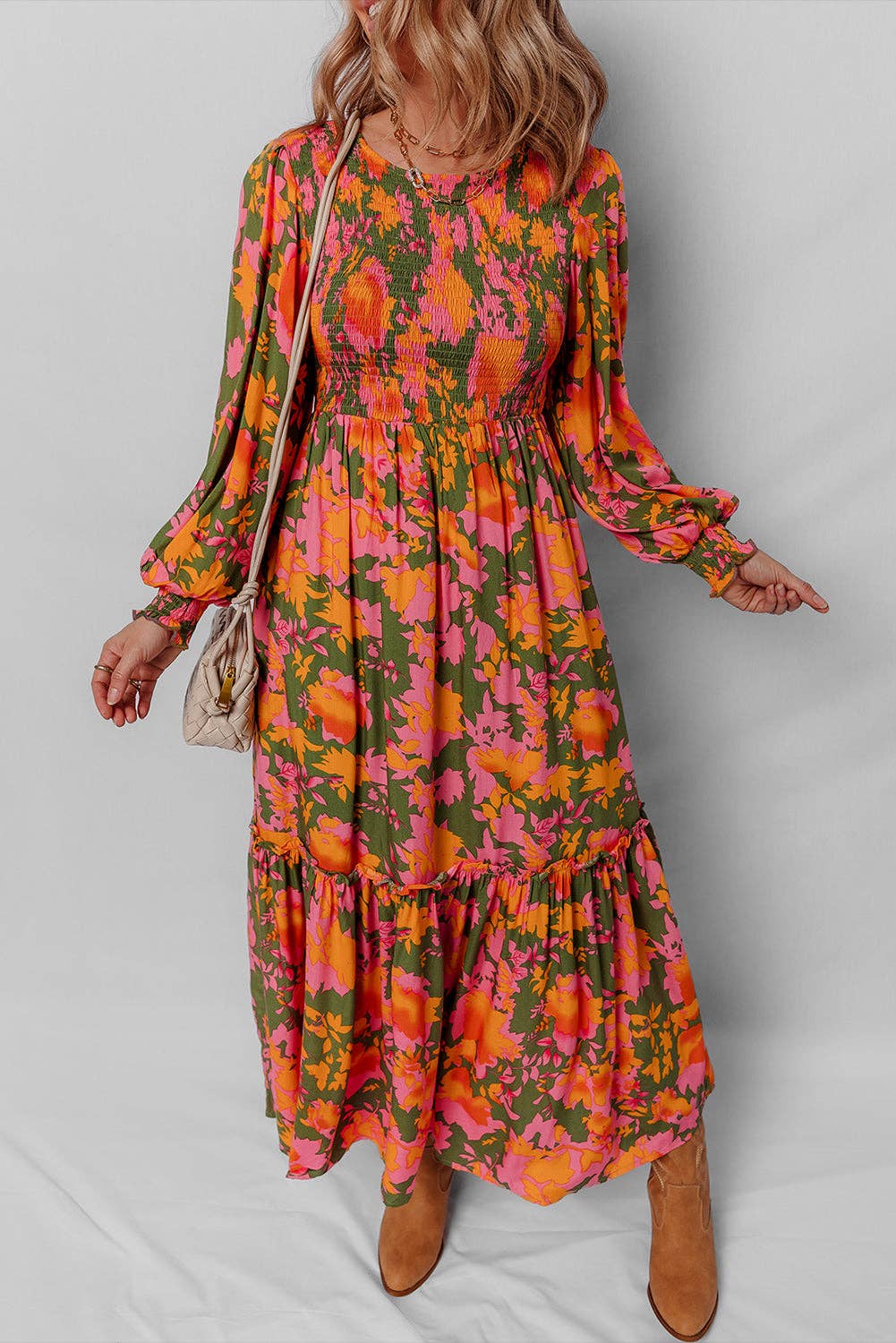 Orange Floral Puff Sleeve Smocked Bodice Ruffled Long Dress for wholesale on Faire10