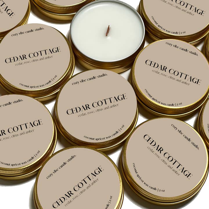Cozyvibecandlestudio - Wholesale Travel candles - Cedar Cottage | Fall 2oz Travel Candle