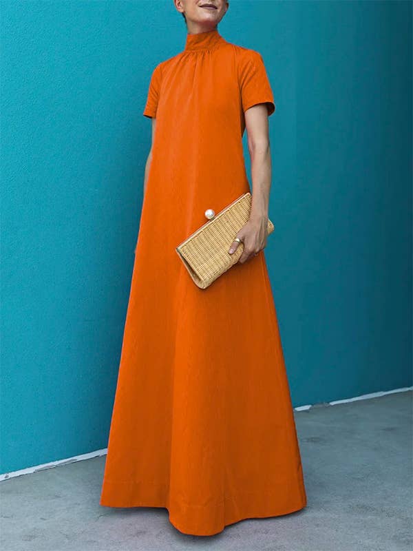 StyleGalX - Wholesale Dress - Women's - Loose Short Sleeves Solid Color High-Neck Maxi Dresses