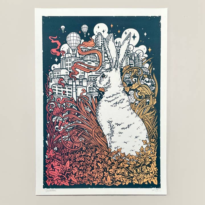 Hare and Industrial City Screen Print for wholesale by flight & fancy