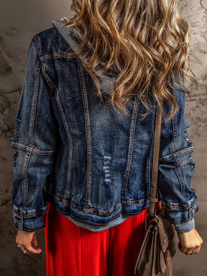 Dark Blue Fake Two-Piece Hooded Zip-Up Denim Jacket for wholesale on Faire1