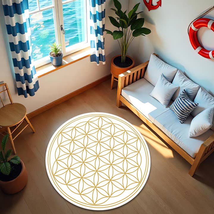 Alfombra Atlantean Spirit Blanca y Dorada Flor de la Vida para venta al por mayor de Rugendary Trade LLC