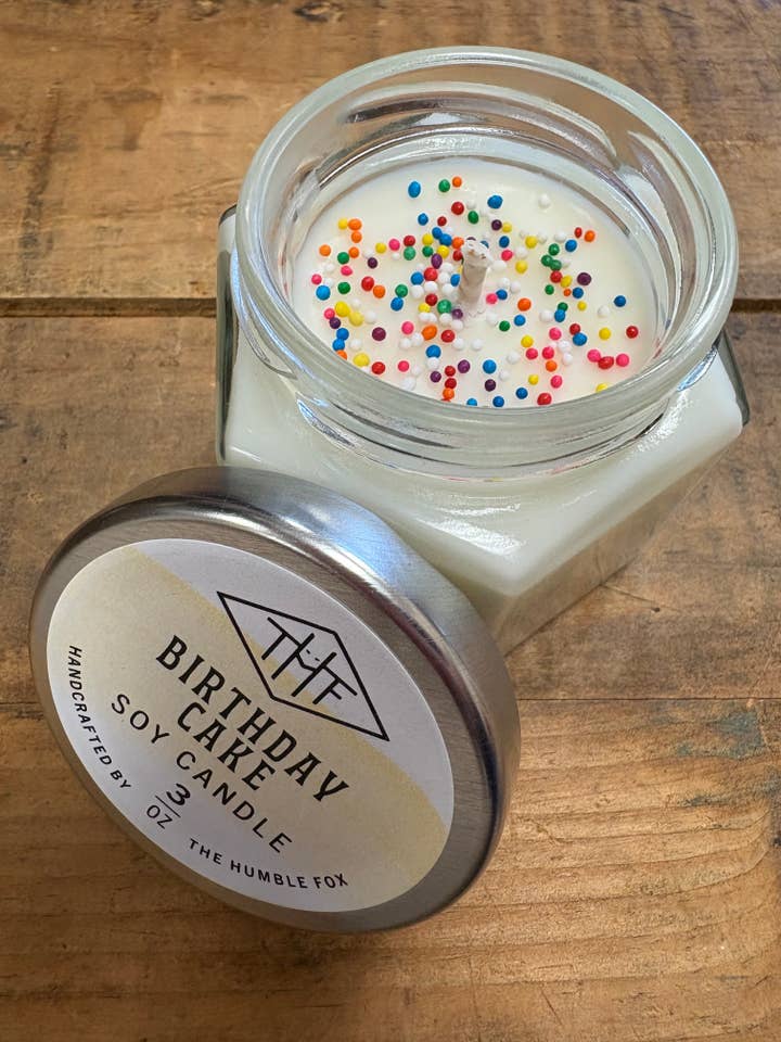 Birthday Cake Soy Candle - 3oz Hexagon Jar for wholesale by The Humble Fox Candle Co.