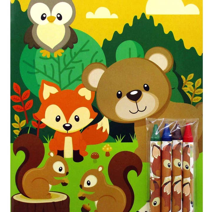 Tiny Mills - Wholesale Coloring Book - Kids & Baby - Woodland Animals Coloring Book Set with Crayons Party Favor