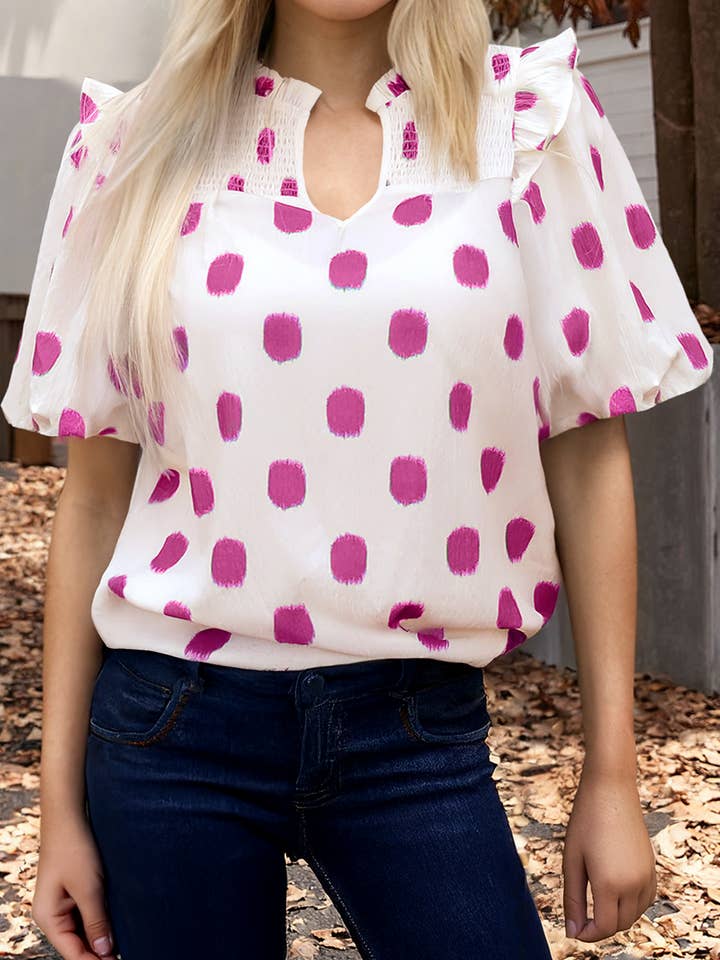 Polka Dot Shirred Notched Neck Balloon Sleeve Blouse (S-XL) for wholesale by 66DISCO