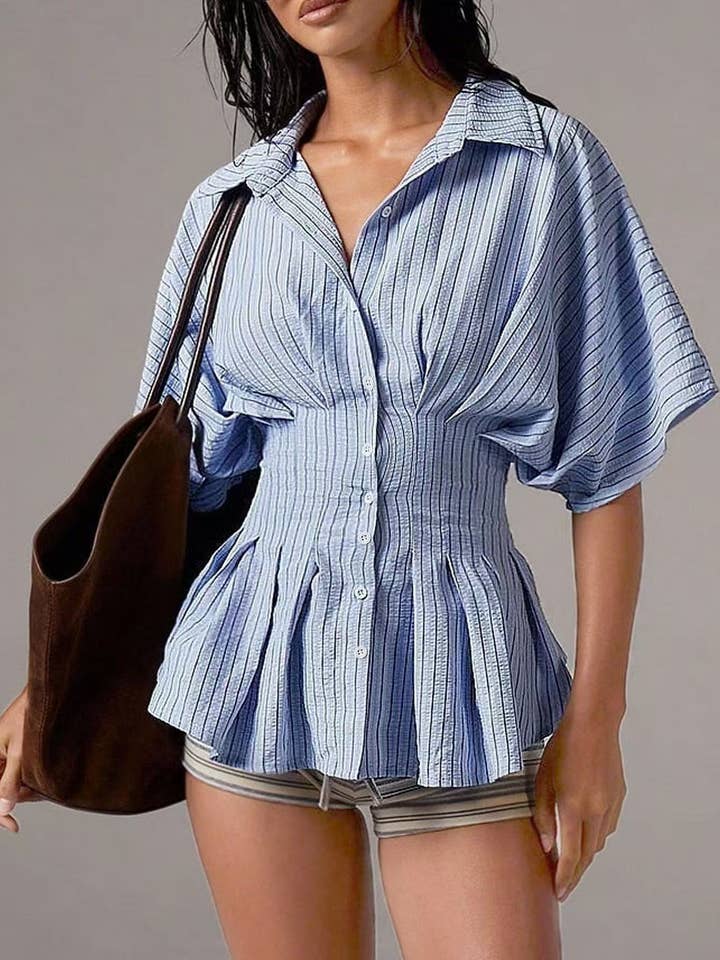 Blusa peplo arricciata a righe verticali per la vendita all'ingrosso da parte di Miss Sparkling