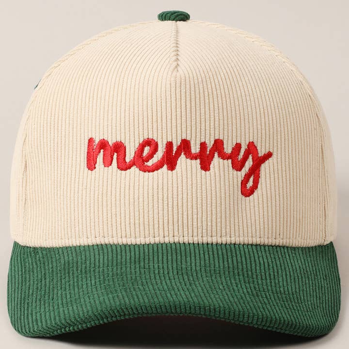 Fashion City - Wholesale Baseball cap – Unisex - Merry Text Embroidery Two-Tone Corduroy Cap