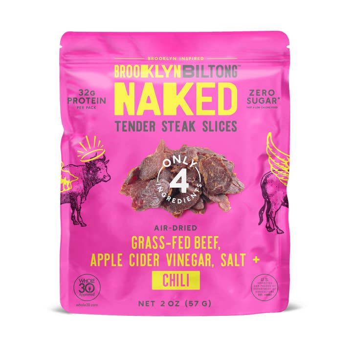 2oz Grass Fed Biltong Naked Tender Steak Slices Chili for wholesale by Brooklyn Biltong