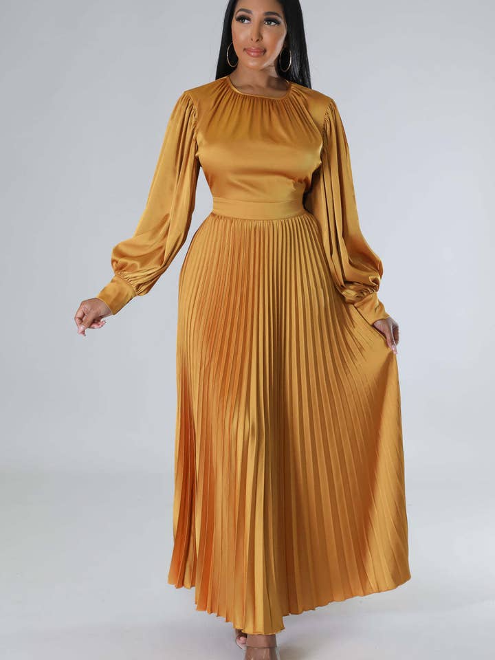 Women Clothing Autumn Winter Popular Pleated Round Neck Maxi Dress for wholesale by VividLux