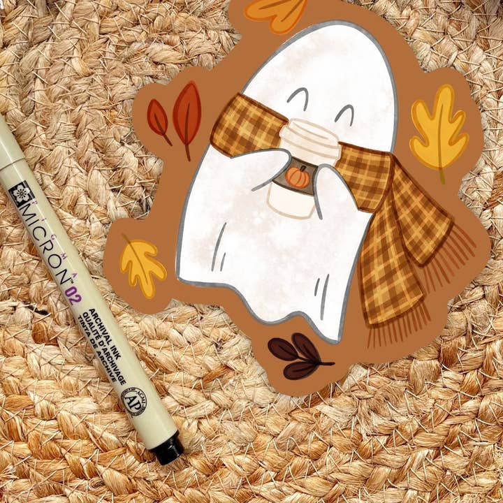Cozy Ghost Sticker | Cute Fall Pumpkin Spice Ghost for wholesale by Serafine Art and Design