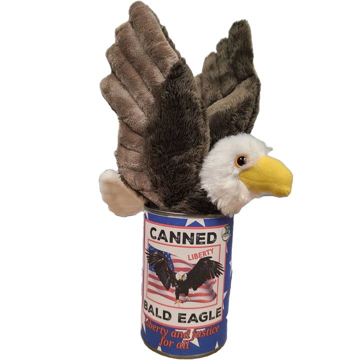 Canned Gifts - Wholesale Stuffed/Plush Toy - Kids & Baby - Canned Bald Eagle w/Jokes Plush Patriotic American Flag USA