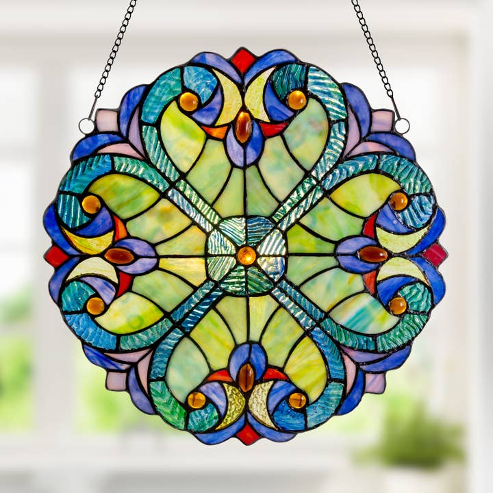 Blue 12"H Halston Multicolor Stained Glass Window Panel for wholesale on Faire4